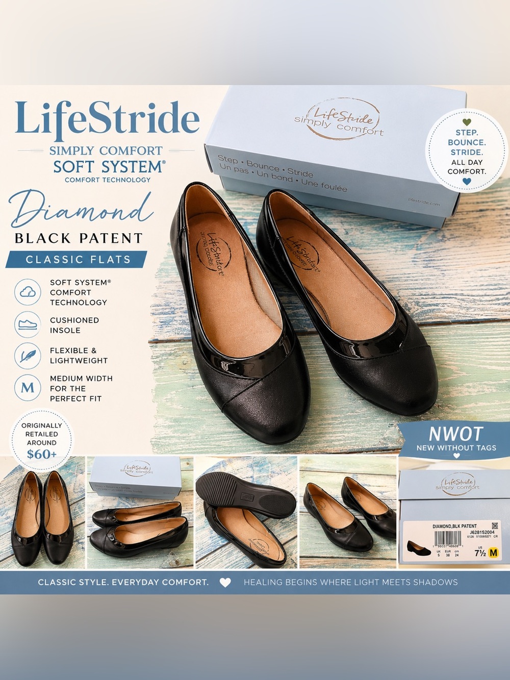 LifeStride Diamond Black Patent Comfort Flats | NWOT | Size 7.5
